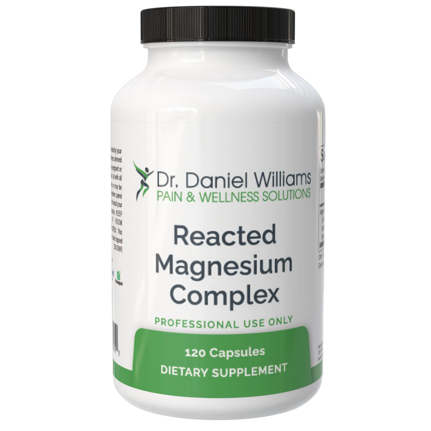 Supplement bottle labeled 'Reacted Magnesium Complex' by Dr. Daniel Williams on a gray background