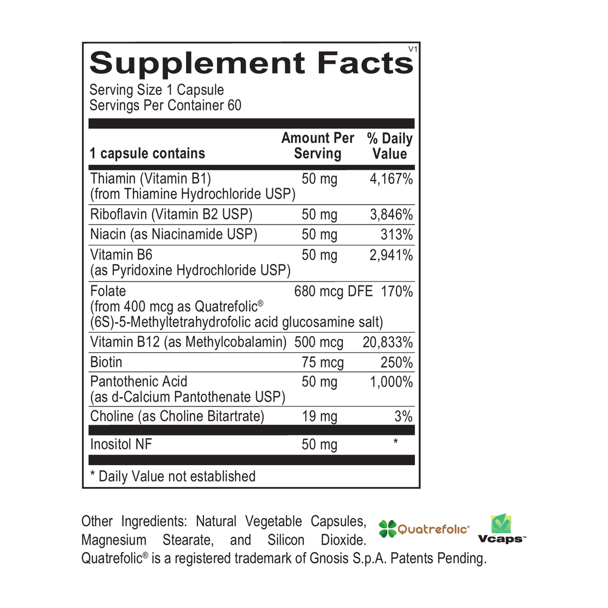 Methyl B supplement facts and other ingredients