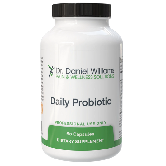 Dr. Daniel Williams Daily Probiotic supplement bottle on a gray background