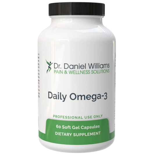 Supplement bottle labeled 'Daily Omega-3' by Dr. Daniel Williams on a gray background