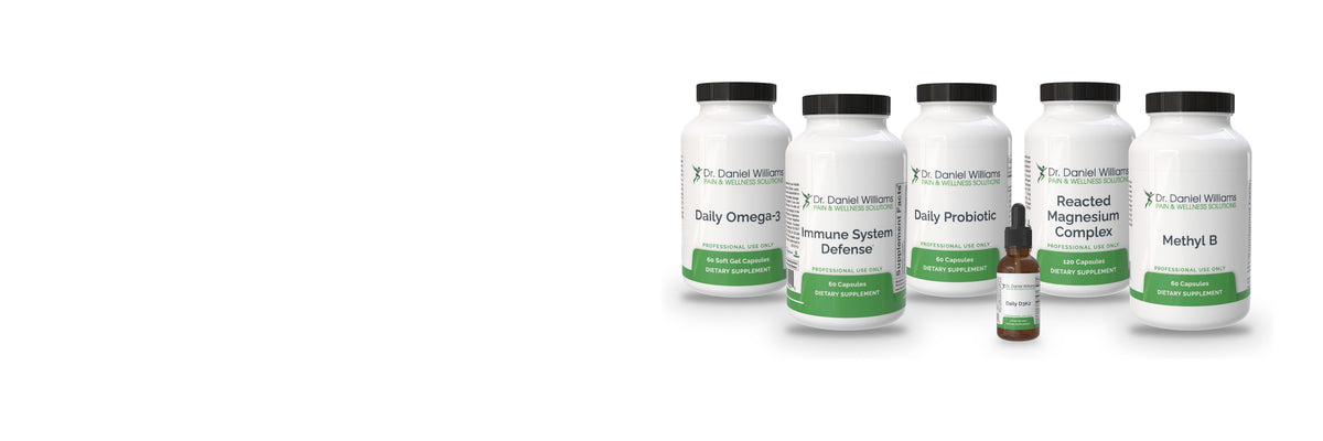 Dr. Daniel Williams supplements: Daily Omega-3, Immune System Defense, Daily Probiotic, Daily D3K2, Reacted Magnesium Complex and Methyl B